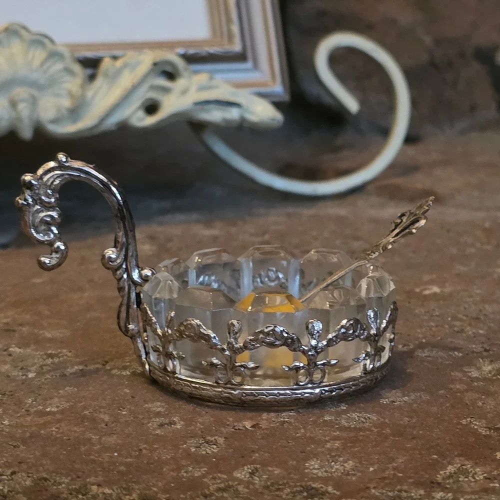 Vintage OTCO Italy Crystal Salt Cellar with Silver Tone Holder and Shell Spoon